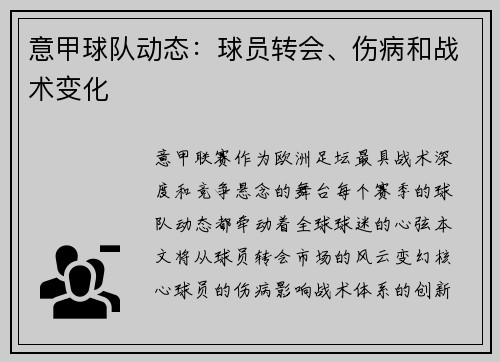 意甲球队动态：球员转会、伤病和战术变化