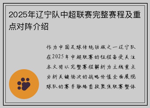 2025年辽宁队中超联赛完整赛程及重点对阵介绍
